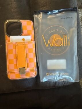 Walli iPhone 14 Pro Max orange & pink Checkered Cardholder Case